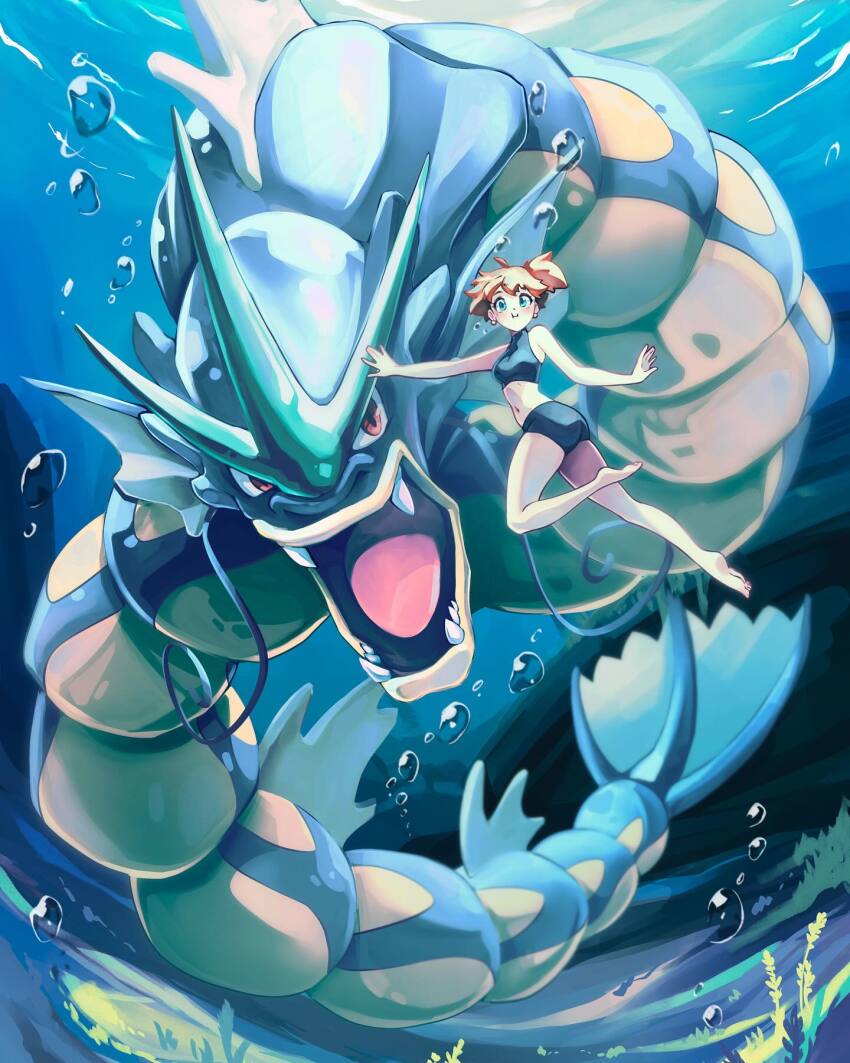 1girl air_bubble asymmetrical_hair bare_arms bare_legs barefoot bikini blue_eyes breasts bubble diving fangs feet freediving gen_1_pokemon green_eyes gyarados gym_leader highres legs light_rays looking_at_viewer misty_(pokemon) navel nicromics nintendo open_mouth orange_hair pokemon pokemon_rgby ponytail red_eyes shirt short_hair shorts side_ponytail signature smile solo swimming swimsuit underwater water