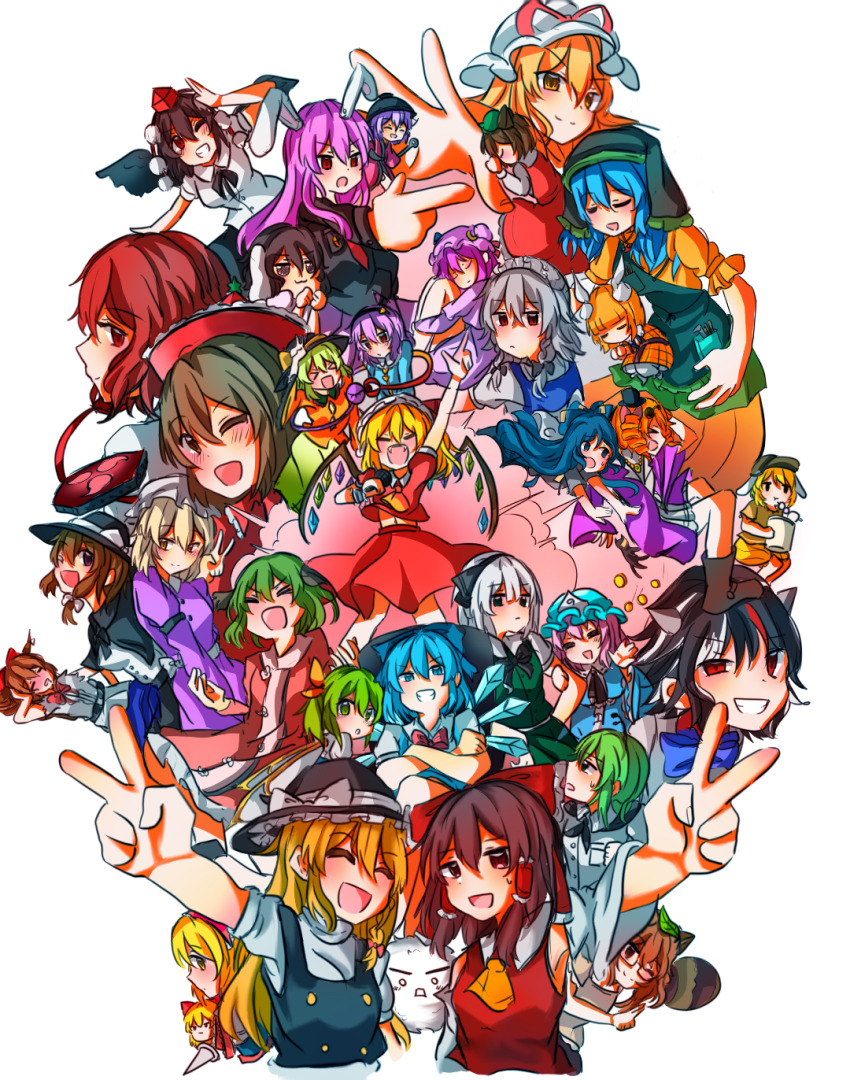 &gt;_&lt; 6+girls :3 ;d alice_margatroid animal_ears aqua_apron aqua_headwear ascot black_hair black_hairband black_headwear black_ribbon black_skirt black_wings blonde_hair blue_bow blue_bowtie blue_dress blue_hair blue_headwear blue_ribbon blush bow bowtie breasts brown_eyes brown_hair cat_ears cat_girl chen cirno closed_eyes coat daiyousei dress drill_hair fangs flandre_scarlet frilled_sleeves frills futatsuiwa_mamizou green_eyes green_hair green_skirt green_vest grey_hair grin hair_ornament hair_ribbon hair_tubes hairband hakurei_reimu haniyasushin_keiki hat hat_ribbon highres horikawa_raiko horns ibuki_suika inaba_tewi izayoi_sakuya joutouguu_mayumi kasodani_kyouko kijin_seija kirisame_marisa komeiji_koishi komeiji_satori konpaku_youmu long_hair lyrica_prismriver mahoushaojiulilika05836 maid_headdress maribel_hearn medium_hair mob_cap multicolored_hair multiple_girls necktie one_eye_closed open_mouth orange_hair patchouli_knowledge pink_dress pink_hair puffy_short_sleeves puffy_sleeves purple_coat purple_dress purple_hair rabbit_ears rabbit_girl red_dress red_eyes red_hair red_headwear red_ribbon red_skirt reisen_udongein_inaba ribbon ringo_(touhou) saigyouji_yuyuko shameimaru_aya shanghai_doll shirt short_hair short_sleeves simple_background skirt small_breasts smile split_mouth sukuna_shinmyoumaru sweat tokin_hat touhou usami_renko v vest white_background white_dress white_hair white_headwear white_shirt wings wriggle_nightbug yakumo_yukari yellow_ascot yellow_eyes yellow_shirt yorigami_jo&#039;on yorigami_shion