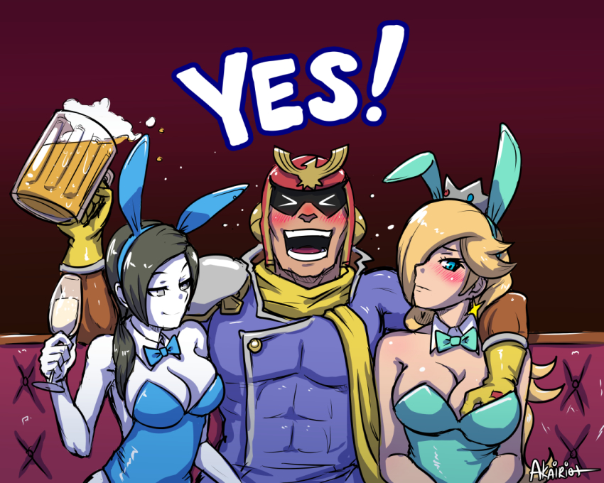 &gt;_&lt; 1boy 2girls akairiot alcohol animal_ears arm_around_shoulder beer beer_mug black_hair blonde_hair blue_eyes bow bowtie breasts captain_falcon champagne_flute cleavage closed_eyes colored_skin couch crown cup detached_collar drinking_glass drunk earrings f-zero fake_animal_ears grabbing_another&#039;s_breast grey_hair groping hair_over_one_eye hair_over_shoulder helmet jewelry large_breasts leotard long_hair mario_(series) mug multiple_girls nintendo pale_skin pimp playboy_bunny rabbit_ears red_background rosalina scarf sitting star_(symbol) star_earrings super_mario_bros._1 super_mario_galaxy super_smash_bros. table white_skin wii_fit wii_fit_trainer wii_fit_trainer_(female) wine_glass