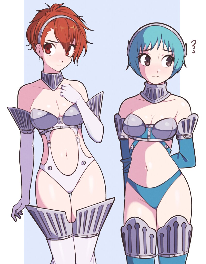 2girls absurdres armor bare_shoulders bikini_armor blue_gloves blue_hair blue_theme blush breasts brown_eyes buckle cleavage commentary detached_collar elbow_gloves flying_sweatdrops gloves hairband high-cut_armor_(persona) highres jeff_miga medium_breasts multiple_girls navel official_alternate_costume persona persona_3 red_eyes red_hair revealing_clothes shiomi_kotone short_hair thighhighs white_gloves white_hairband white_thighhighs yamagishi_fuuka