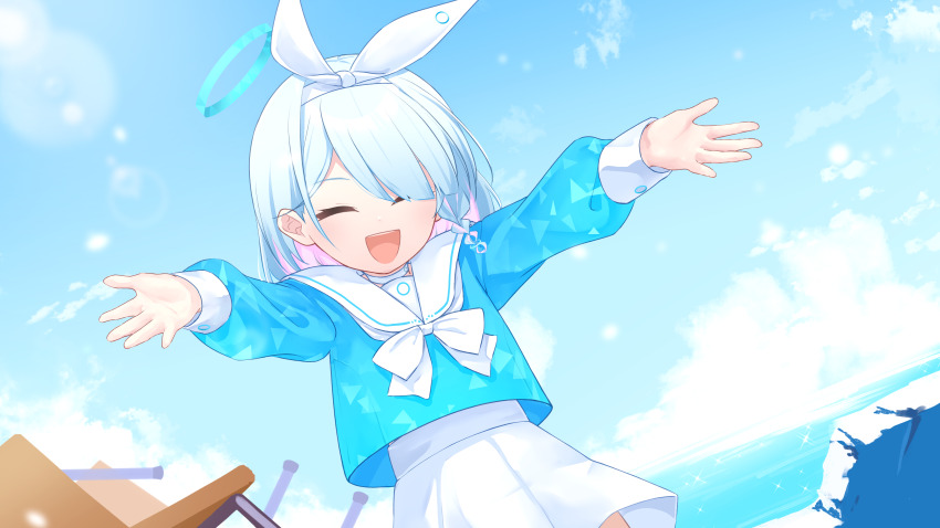 1girl 53c_(ray_cordova) absurdres arona_(blue_archive) blue_archive blue_hair blue_halo blush choker closed_eyes commentary english_commentary facing_viewer halo highres long_sleeves open_mouth pleated_skirt sailor_collar short_hair skirt smile solo white_choker white_sailor_collar white_skirt