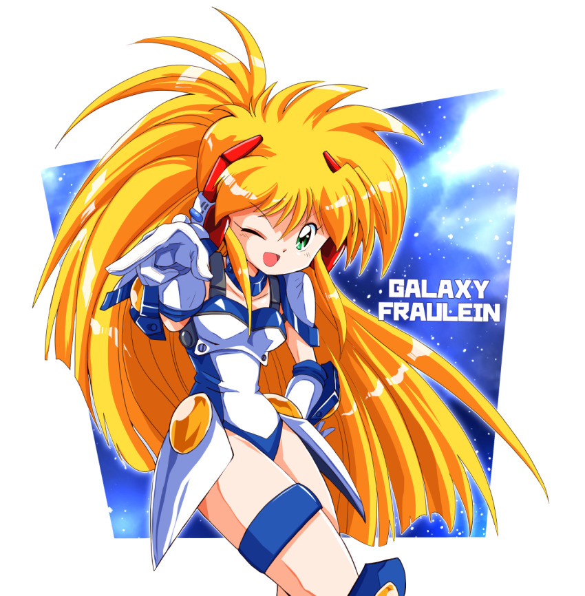 1girl blonde_hair border collarbone copyright_name eyelashes feet_out_of_frame ginga_ojou-sama_densetsu_yuna gloves green_eyes highres kagurazaka_yuna leotard long_hair one_eye_closed open_mouth pointing pointing_at_viewer sakurajyousui_nami shoulder_pads solo thigh_strap very_long_hair white_border white_gloves white_leotard