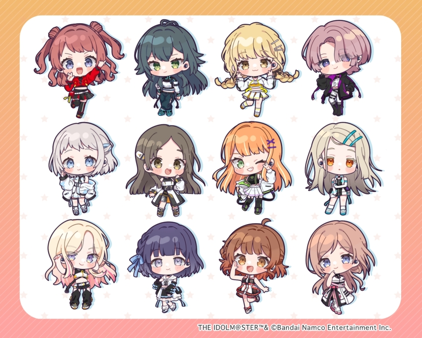 6+girls :d arimura_mao blonde_hair blue_eyes blue_hair blunt_bangs blush_stickers border braid brown_eyes brown_hair closed_mouth commentary_request copyright_notice egissi fujita_kotone full_body gakuen_idolmaster gradient_hair green_eyes green_hair grey_eyes grey_hair hair_ornament hairclip hanami_saki hanami_ume hataya_misuzu highres himesaki_rinami idolmaster juo_sena katsuragi_lilja kuramoto_china long_hair looking_at_viewer multicolored_hair multiple_girls official_art one_eye_closed open_mouth orange_eyes orange_hair parallel_hairclips parted_bangs pink_hair red_shirt shinosawa_hiro shirt shiun_sumika short_hair smile standing star_(symbol) star_symbol_background tsukimura_temari twin_braids white_background x_hair_ornament yellow_border