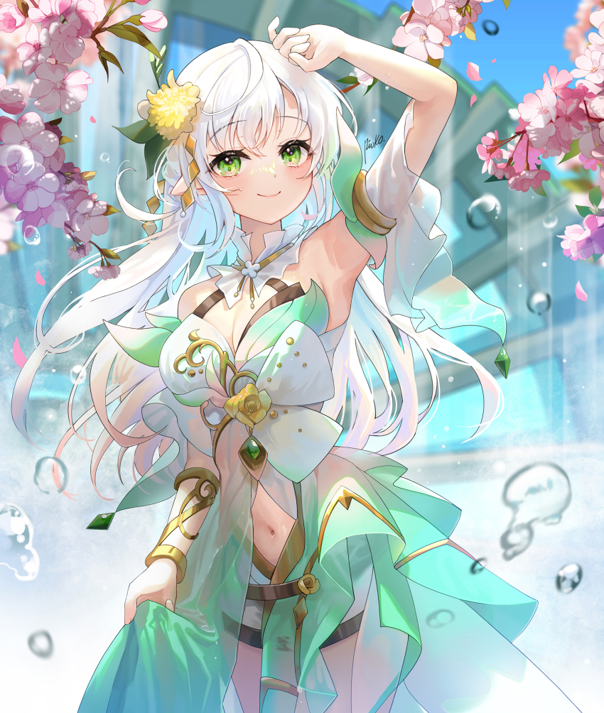 1girl arm_up armpits artist_name blush breasts cherry_blossoms cleavage clothing_cutout cowboy_shot day detached_sleeves dress flower green_dress green_eyes hair_flower hair_ornament highres large_breasts long_hair navel navel_cutout original pink_flower pioko pointy_ears see-through_clothes see-through_dress short_sleeves sidelocks skirt_hold smile solo spring_(season) water_drop water_wheel yellow_flower