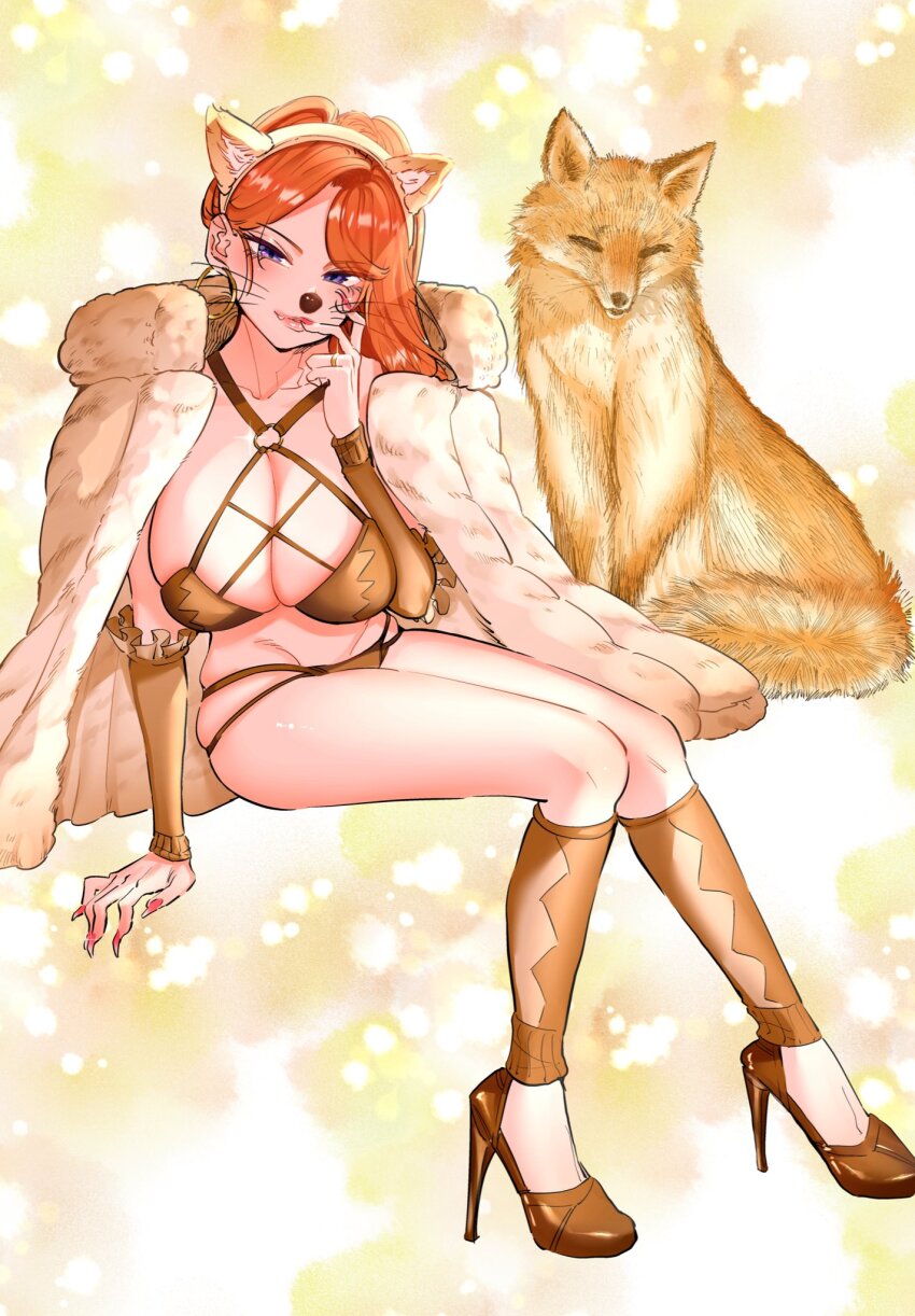 1girl animal_ears bikini blue_eyes breasts cleavage collarbone detached_sleeves dosanko_gal_wa_namaramenkoi earrings facial_mark fake_animal_ears fox fox_ears fuyuki_mai groin high_heels highres hoop_earrings ikada_kai jewelry large_breasts lips long_hair looking_at_viewer mature_female nail_polish official_art orange_hair seductive_gaze swimsuit thighs whisker_markings whiskers
