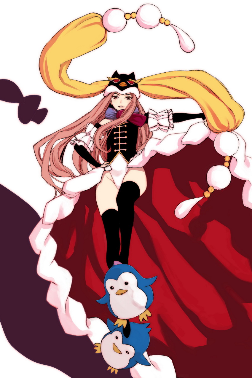 1girl absurdres animal_hat bad_id bad_pixiv_id bird brown_eyes detached_sleeves hand_on_own_hip hat highleg highres long_hair looking_at_viewer mawaru_penguindrum penguin penguin_hat pink_hair princess_of_the_crystal showgirl_skirt smirk takano_masayuki