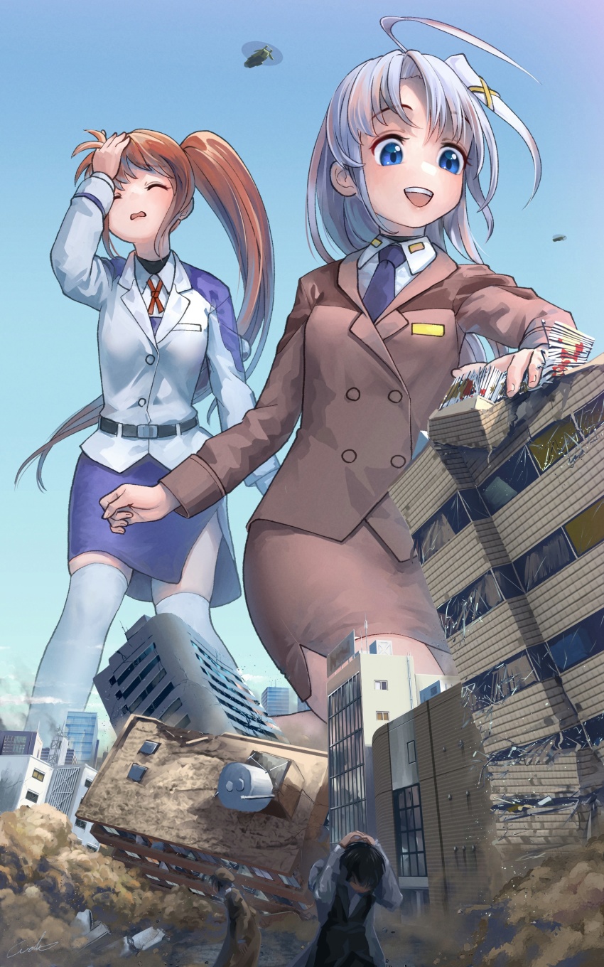 2girls absurdres belt black_belt blue_eyes blue_necktie blue_skirt bow bowtie brown_hair brown_jacket brown_skirt building city closed_eyes commission destruction facepalm giant giantess highres jacket long_hair long_sleeves lyrical_nanoha mahou_shoujo_lyrical_nanoha military military_uniform multiple_girls neck_ribbon necktie open_mouth pencil_skirt red_ribbon reinforce_zwei ribbon shirt side_ponytail silver_hair skeb_commission skirt smile takamachi_nanoha thighhighs tsab_air_military_uniform tsab_ground_military_uniform welt_(kinsei_koutenkyoku) white_jacket white_legwear white_shirt