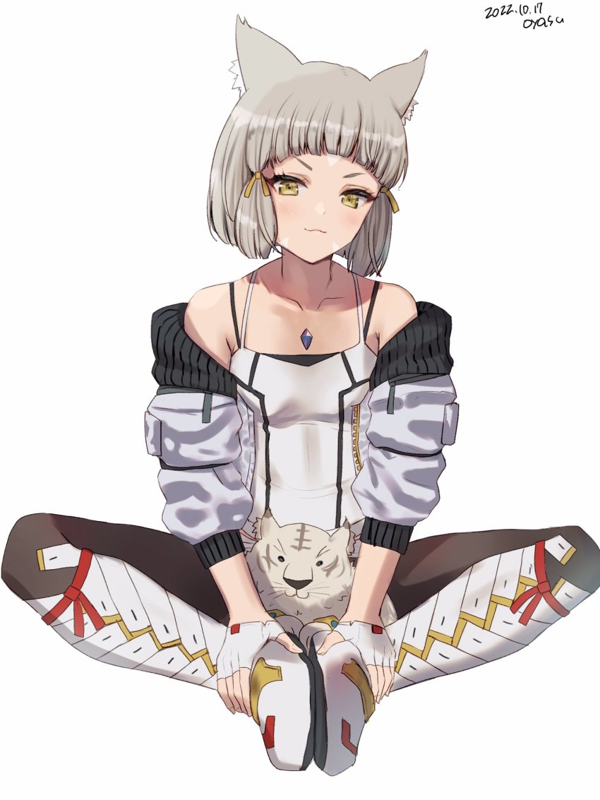 1girl animal_ears black_pantyhose boots butterfly_sitting cat_ears chest_jewel cosplay dromarch_(xenoblade) fingerless_gloves flat_chest gloves grey_hair hair_ornament highres jacket knees_apart_feet_together mio_(xenoblade) mio_(xenoblade)_(cosplay) nia_(xenoblade) pantyhose sitting skirt stuffed_animal stuffed_toy tassel tassel_hair_ornament white_background white_footwear white_gloves white_skirt xenoblade_chronicles_(series) xenoblade_chronicles_2 xenoblade_chronicles_3 yamamori_kinako