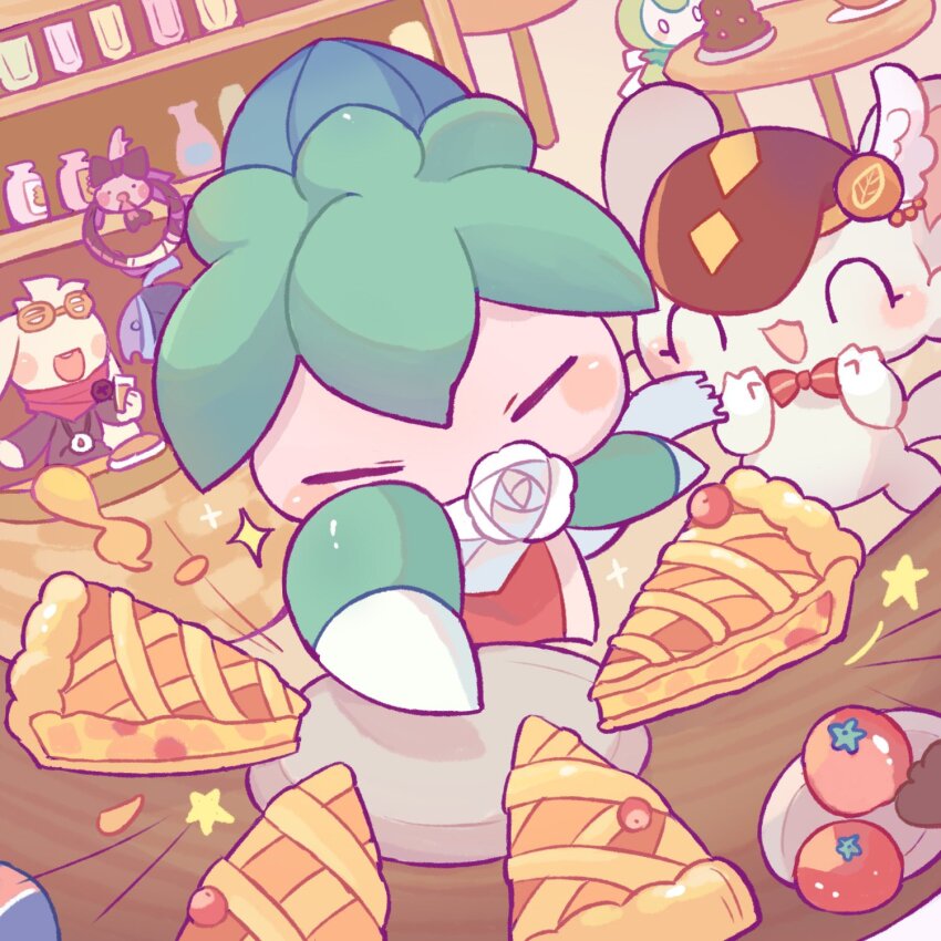 :3 :d ^_^ animal_focus bibi_(kano2541293757) brown_hat bug closed_eyes creatures_(company) flower fomantis food game_freak gen_5_pokemon gen_6_pokemon gen_7_pokemon gen_8_pokemon grey_fur hat highres klefki looking_at_viewer minccino nintendo no_humans open_mouth petilil pie pokemon pokemon_(creature) raboot scarf smile star_(symbol) tomato white_flower white_scarf
