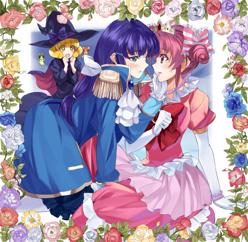 10s 5girls :3 :d alternate_costume animalization aoki_reika blonde_hair blue_eyes blue_flower blue_rose blush bow bracelet cape carrying crossdressing crossdressing_(ftm) elbow_gloves epaulettes eye_contact female_focus finger_in_mouth flower gem gloves grey_flower grey_rose hair_bow hat hino_akane_(smile_precure!) hoshizora_miyuki jewelry kabocha kabocha_(monkey4) kise_yayoi long_hair looking_at_another midorikawa_nao multiple_girls necklace open_mouth pearl_necklace pink_bow pink_eyes pink_flower pink_hair pink_rose ponytail precure prince princess purple_flower purple_hair purple_rose reverse_trap rose shipping_(fandom) short_hair smile smile_precure! tiara white_flower white_gloves white_rose witch_hat yellow_eyes yellow_flower yellow_rose yuri