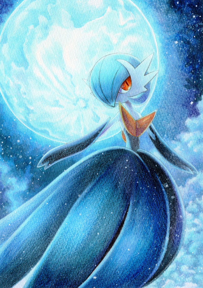 1girl absurdres alternate_color bare_shoulders black_dress black_gloves blue_hair blue_moon blue_sky blue_theme bob_cut cloud colored_skin dress elbow_gloves female_focus flat_chest full_body full_moon gardevoir gen_3_pokemon gloves hair_over_one_eye highres long_dress looking_at_viewer marker_(medium) mega_gardevoir mega_pokemon moon moonlight night nintendo no_mouth one_eye_covered orange_eyes outdoors pokemon pokemon_(creature) shiny_pokemon short_hair sky solo standing star_(sky) strapless strapless_dress traditional_media white_skin yuka_(yukaaaaaaa0705)