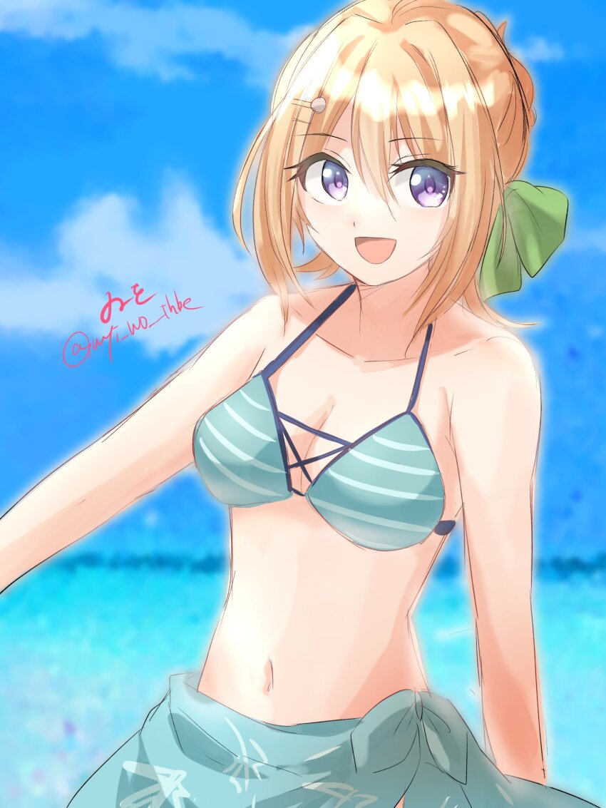 1girl bikini blue_sky braid braided_bun breasts cleavage cloud day green_bikini green_sarong hair_bun highres horizon kantai_collection medium_breasts navel ocean official_alternate_costume one-hour_drawing_challenge open_mouth outdoors perth_(kancolle) perth_(swimsuit)_(kancolle) sarong sky smile solo striped_bikini striped_clothes swimsuit twitter_username upper_body wiwo