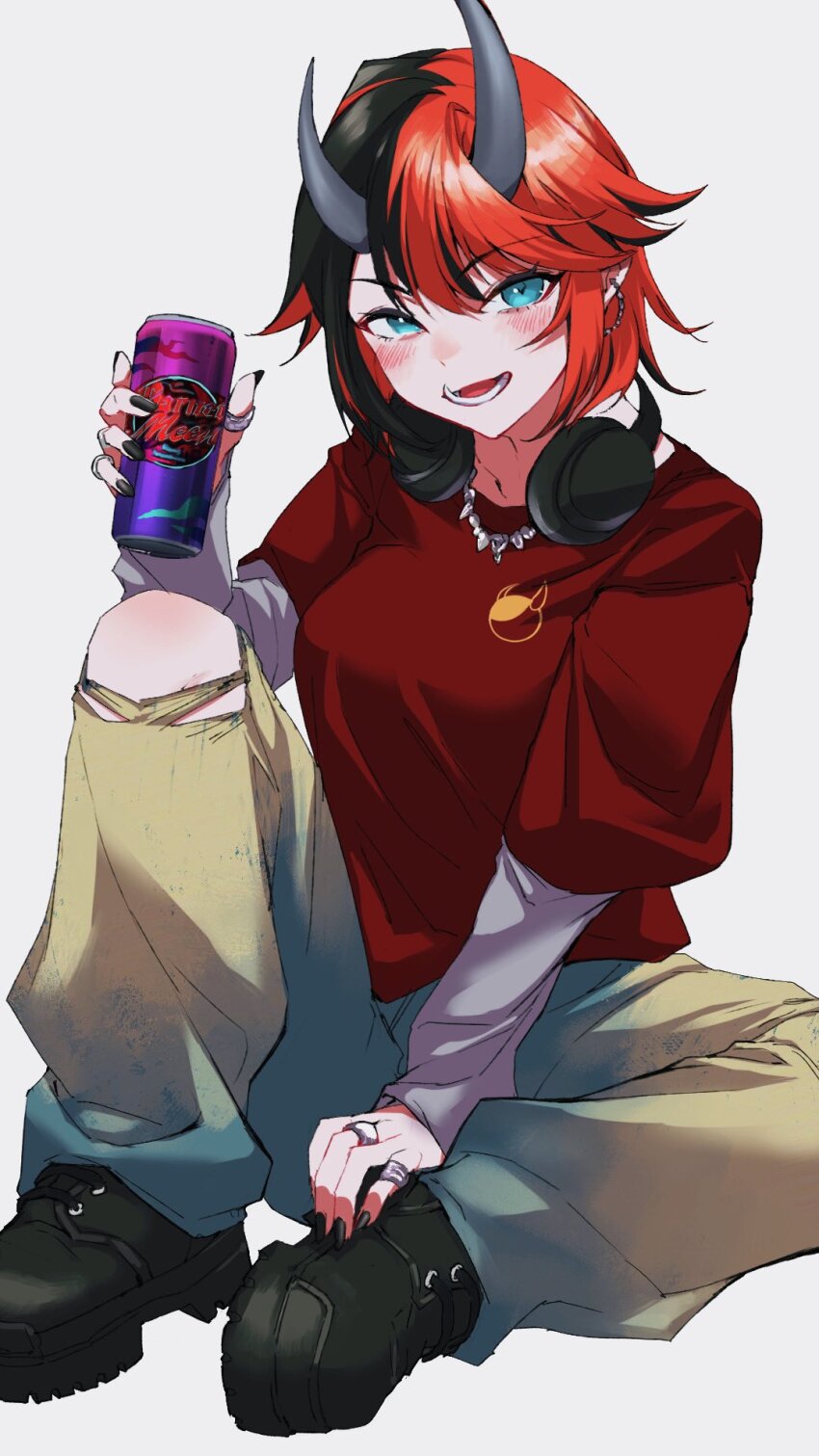 1girl alternate_costume black_boots black_hair black_nails blue_eyes blush boots breasts brown_pants can commentary_request demon_girl demon_horns drink_can ear_chain fingernails full_body gin_(tttetu123) hair_between_eyes hand_on_own_foot headphones headphones_around_neck highres holding holding_can horns jewelry large_breasts layered_sleeves linked_piercing long_sleeves looking_at_viewer lower_teeth_only multicolored_hair multiple_rings nanashi_inc. necklace open_mouth pants pointy_ears red_hair red_shirt ring ryugasaki_rene shirt short_hair short_over_long_sleeves short_sleeves simple_background smile soda_can solo teeth torn_clothes torn_pants two-tone_hair virtual_youtuber white_background
