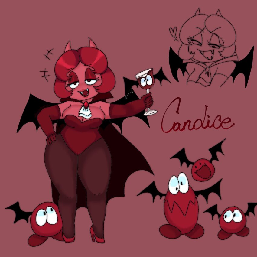 1girl bat_wings breasts candice_(sweetiesenpai2) cape fangs glass highres large_breasts leotard original pantyhose pizza_tower plump red_eyes red_hair red_lips relaxing short_hair sweetiesenpai2 vampire vampire_costume wings