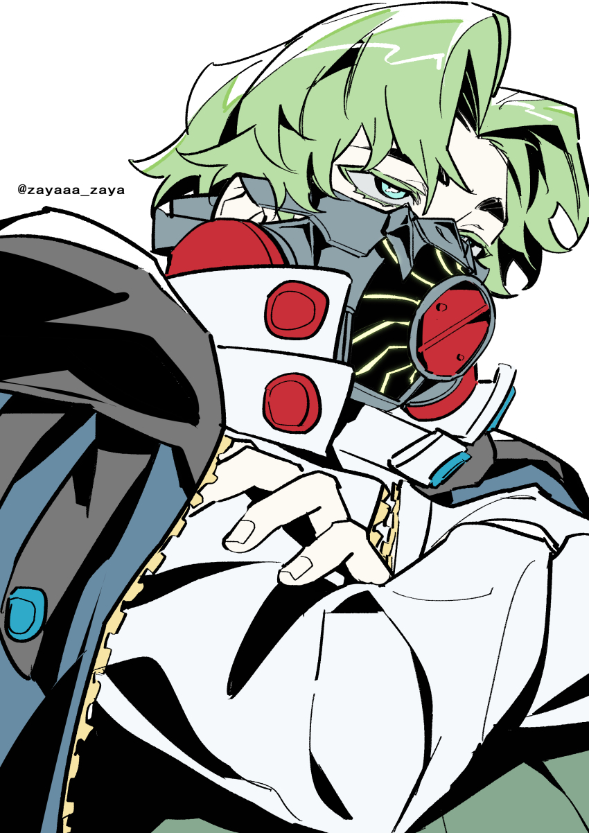 1boy absurdres artist_name blue_eyes coat coat_on_shoulders colored_eyelashes crossed_arms expressionless gas_mask green_hair highres lo_po_bia_traumerei long_sleeves looking_at_another mask mouth_mask original partially_colored short_hair solo tower_of_god twitter_username white_background zayaaa_zaya zipper
