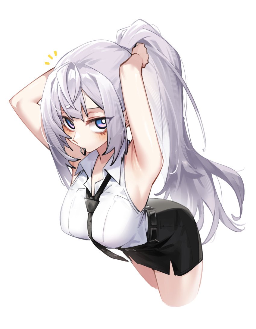 1girl absurdres adarin armpits arms_behind_head arms_up belt black_belt black_necktie black_skirt blue_eyes blush breasts bright_pupils collared_shirt commentary cropped_legs double-parted_bangs english_commentary grey_hair hair_tie_in_mouth highres hololive hololive_indonesia large_breasts long_hair looking_at_viewer loose_necktie mouth_hold multicolored_eyes necktie notice_lines office_lady official_alternate_costume official_alternate_hairstyle pencil_skirt pink_eyes ponytail shirt shirt_tucked_in simple_background skirt sleeveless sleeveless_shirt solo two-tone_eyes tying_hair very_long_hair vestia_zeta vestia_zeta_(businesswoman) virtual_youtuber white_background white_pupils white_shirt