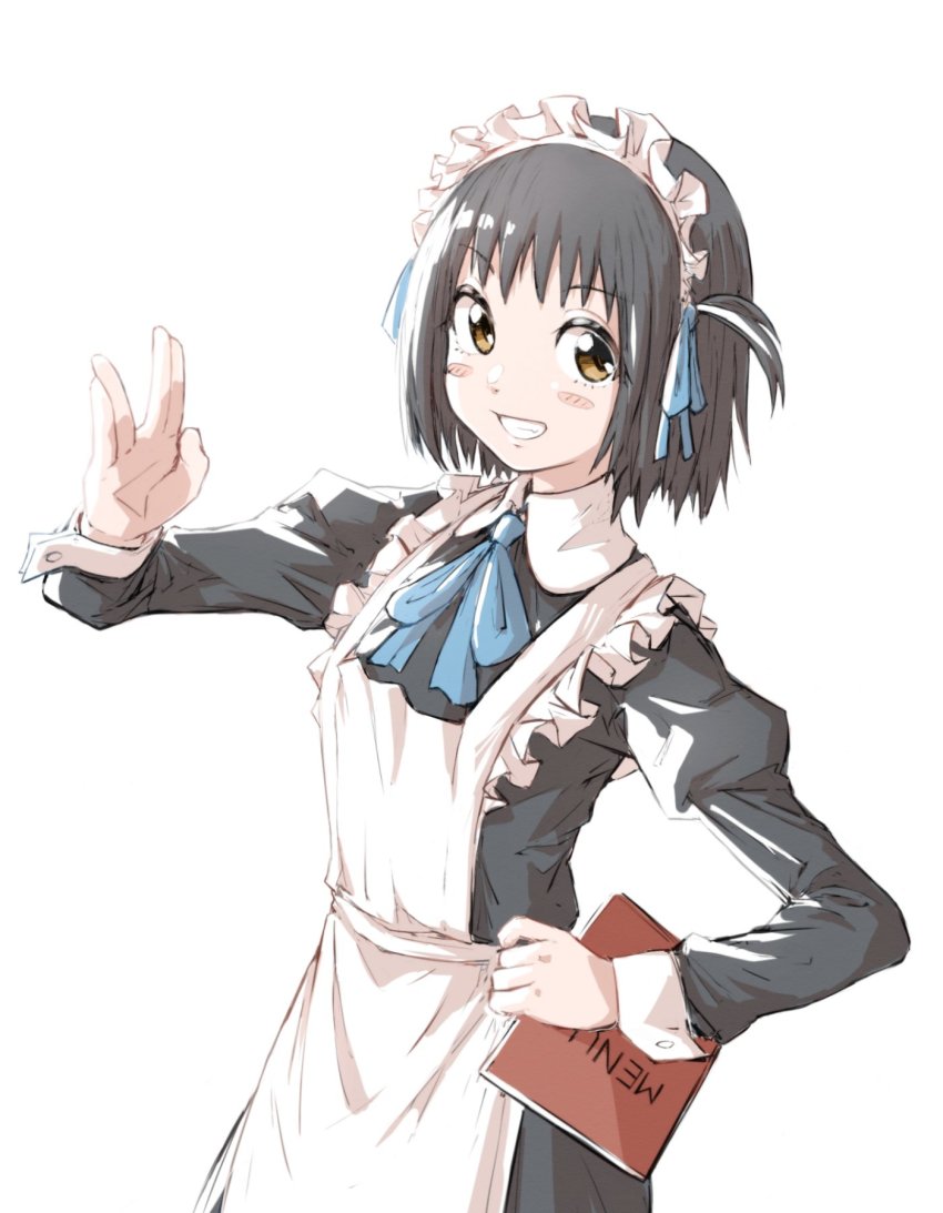 1girl arashiyama_hotori black_hair blush_stickers brown_eyes grin highres long_sleeves looking_at_viewer maid parted_lips salute short_hair sketch smile solo soredemo_machi_wa_mawatteiru teeth vulcan_salute yachima_tana