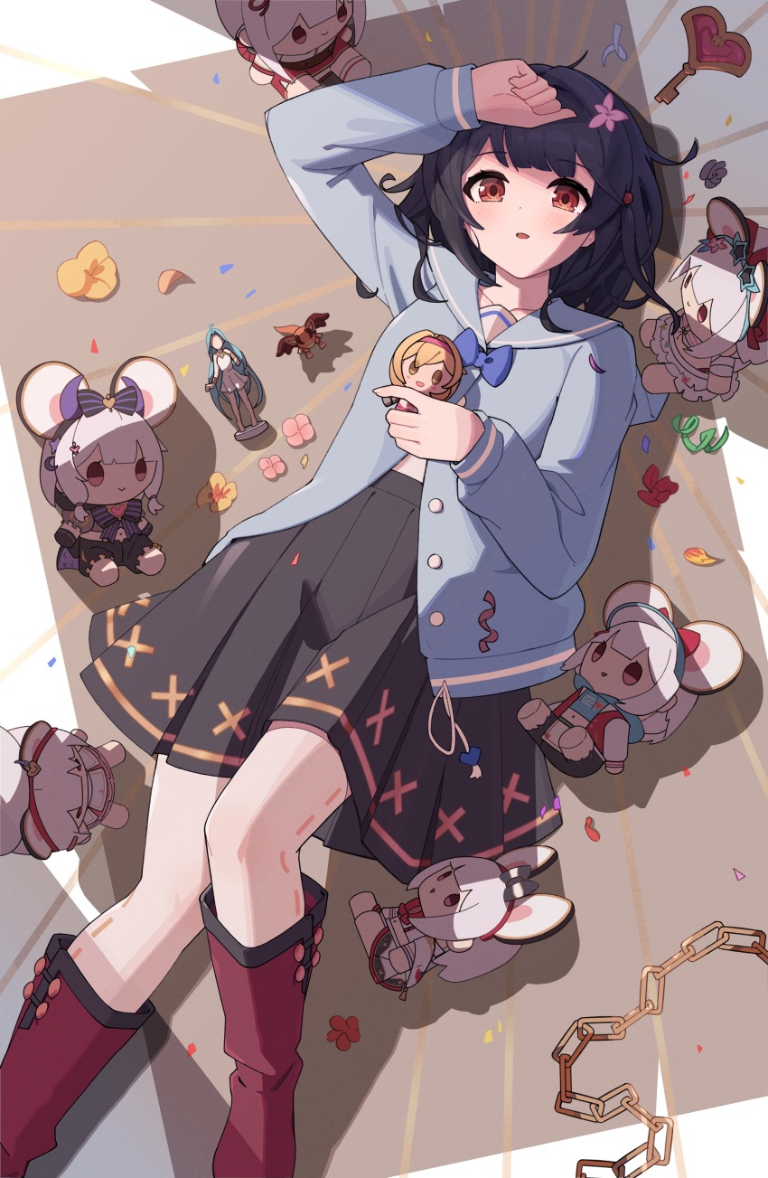 1girl :&gt; absurdres animal_ears arm_up black_hair black_skirt blonde_hair blue_cardigan blue_hair blue_sailor_collar blunt_bangs boots cardigan chain character_doll character_figure closed_mouth commentary_request djeeta_(granblue_fantasy) doll dragon dress feet_out_of_frame figure flower granblue_fantasy grey_hair hair_ribbon hairband heart highres holding holding_doll key long_sleeves lying lyria_(granblue_fantasy) medium_hair miniskirt mouse_ears on_back open_mouth orange_eyes pigking_luneth pink_flower pink_hairband pleated_skirt red_boots ribbon sailor_collar skirt solo vikala_(blooming_summer_wallflower)_(granblue_fantasy) vikala_(event)_(granblue_fantasy) vikala_(granblue_fantasy) vyrn_(granblue_fantasy) white_dress