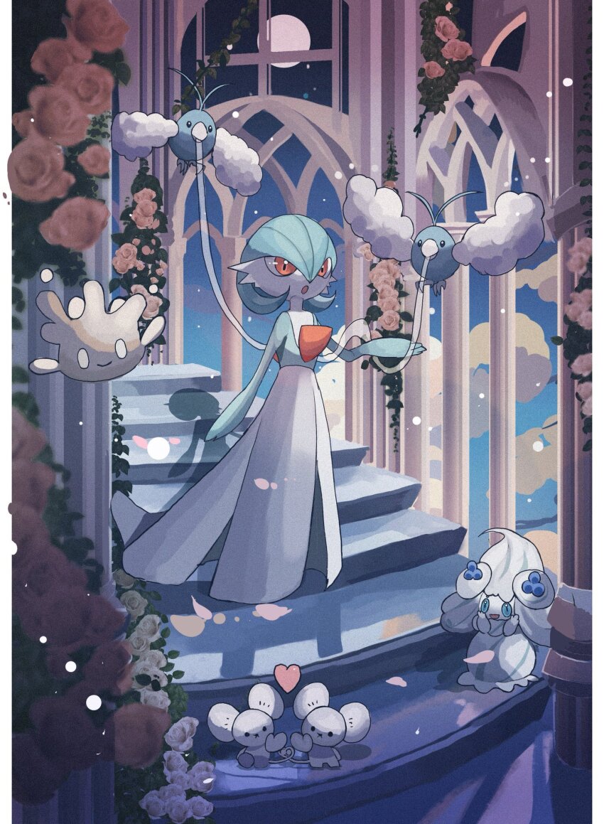 :o alcremie alcremie_(berry_sweet) alternate_color blue_hair blue_sky cloud dress flower flying gardevoir gen_3_pokemon gen_8_pokemon heart highres milcery moon nintendo open_mouth pink_flower pink_rose pokemon pokemon_(creature) red_eyes reo_(mmocc123) rose shiny_pokemon sky stairs swablu tandemaus