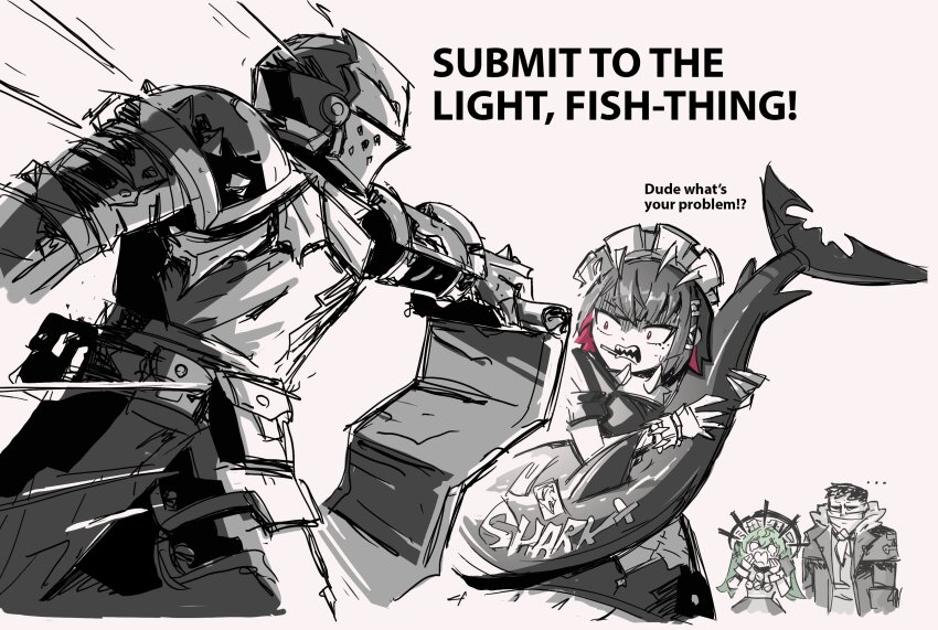 2boys 2girls absurdres affliction_(darkest_dungeon) armor bandana bandana_over_mouth belt black_hair blue_tabard coat corin_wickes crusader_(darkest_dungeon) darkest_dungeon ellen_joe english_text fins fish_tail fur_trim gloves green_hair headgear helm helmet highres highwayman_(darkest_dungeon) holding knight maid maid_headdress marvin_seo medium_hair multiple_boys multiple_girls overcoat pauldrons scale_armor shark shark_girl shark_tail short_hair short_sleeves shoulder_armor tabard tail zenless_zone_zero