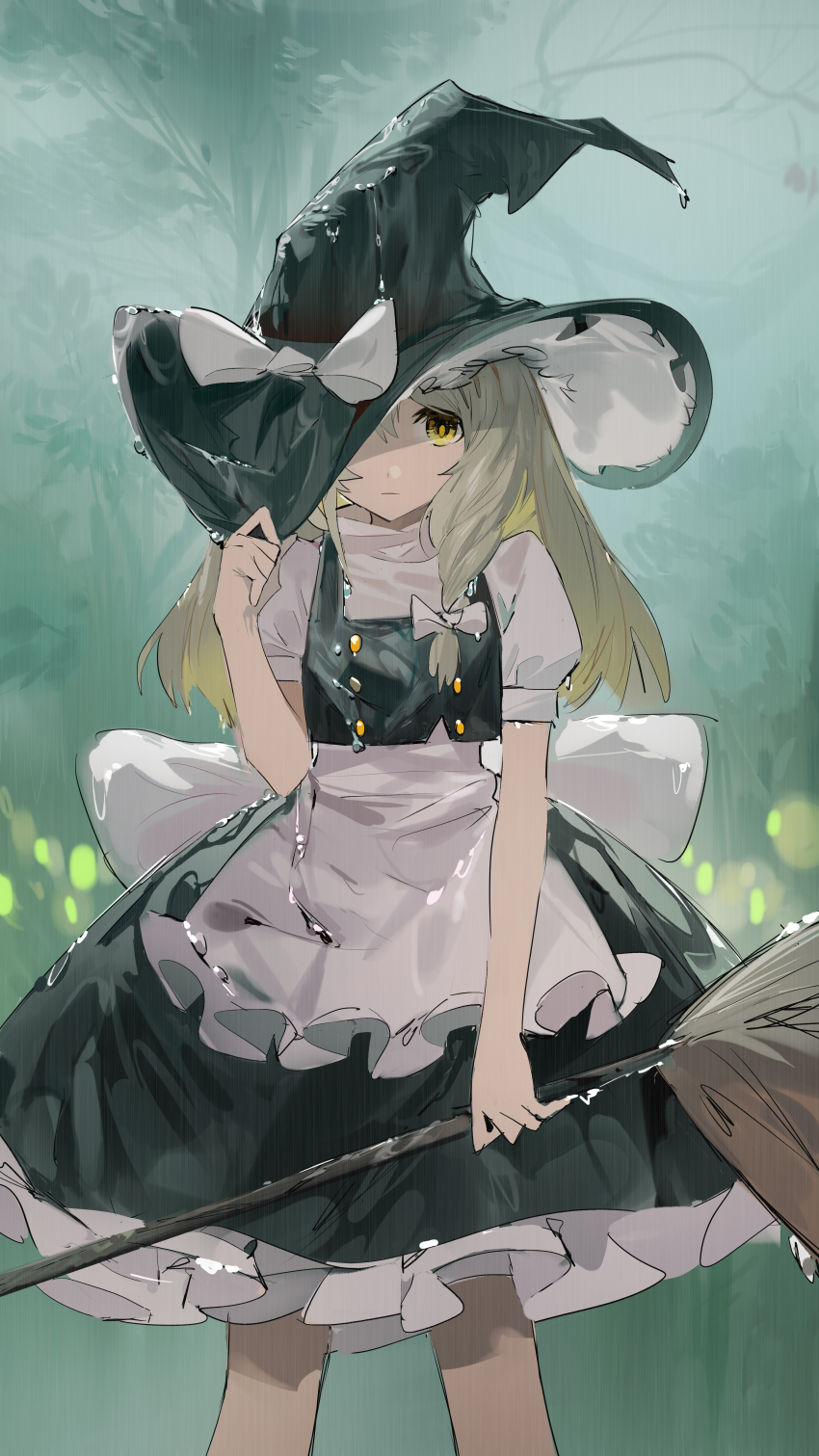 1girl absurdres adjusting_clothes adjusting_headwear apron back_bow black_hat black_skirt black_vest blonde_hair blurry blurry_background bow broom buttons chinese_commentary closed_mouth commentary_request double-breasted feet_out_of_frame hair_bow hako_(misheyes) hat hat_bow hat_over_one_eye headwear_pull highres holding holding_broom kirisame_marisa long_hair looking_at_viewer one_eye_covered outdoors puffy_short_sleeves puffy_sleeves rain shirt short_sleeves single_sidelock skirt solo standing touhou vest waist_apron wet wet_clothes wet_hat white_apron white_bow white_shirt yellow_eyes