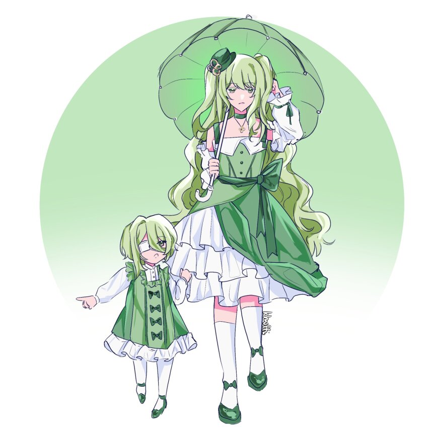 2girls alternate_costume artist_name closed_mouth dress eyepatch green_background green_dress green_footwear green_hair hashtag-only_commentary hat highres holding holding_umbrella honkai_(series) honkai_impact_3rd khuffi klein_(honkai_impact) long_hair medical_eyepatch mini_hat mini_top_hat mobius_(honkai_impact) multiple_girls oval_background short_hair socks tilted_headwear top_hat twintails umbrella white_socks