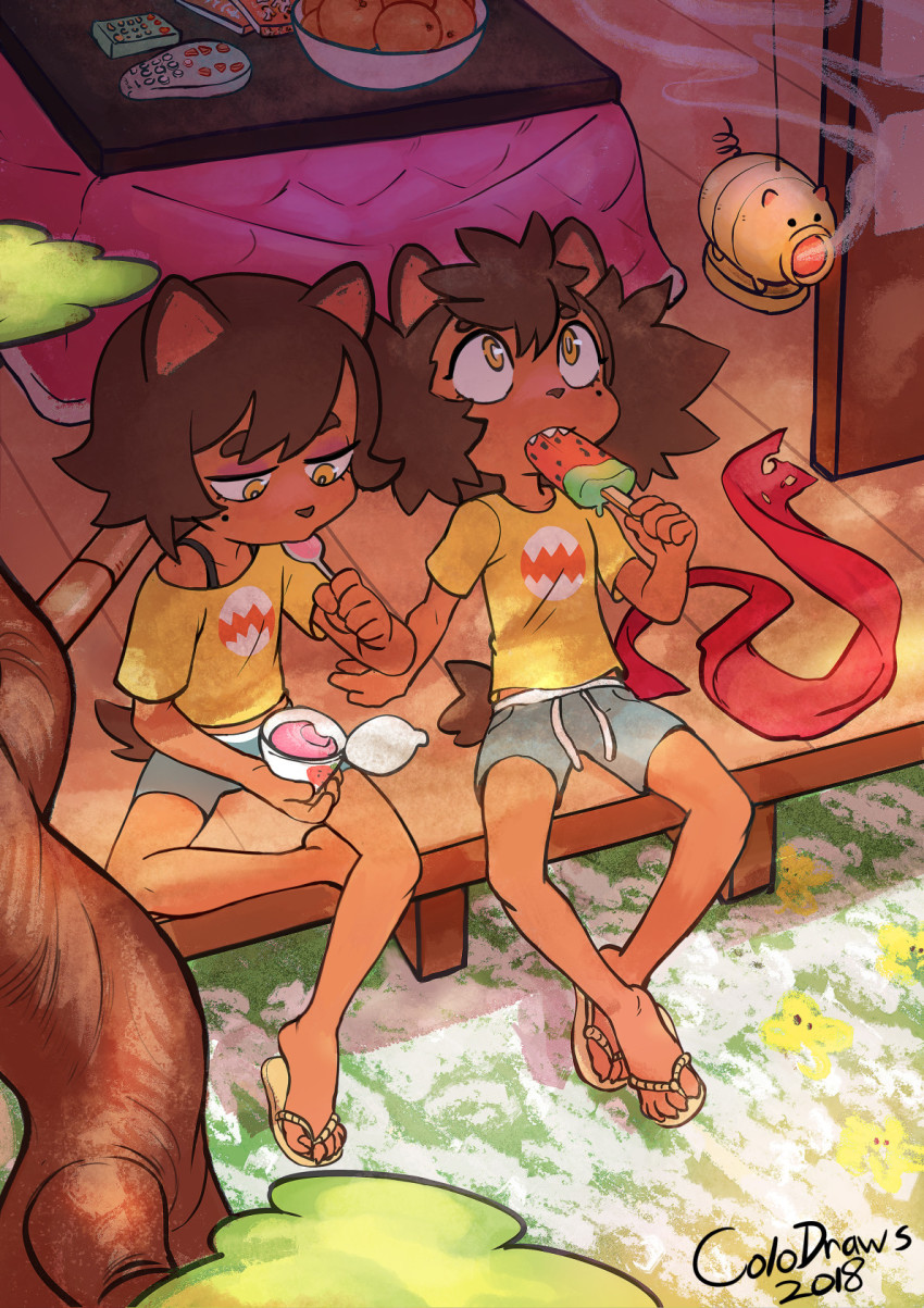2018 2girls animal_ears arm_support artist_name bonsai bowl brown_eyes brown_hair child colo_(nagrolaz) controller dog_ears dog_tail eating female_focus food fruit furry furry_female highres ice_cream kotatsu multiple_girls orange_(fruit) original popsicle porch remote_control sandals sharp_teeth shirt short_hair short_shorts shorts sitting sliding_doors table tail teeth watermelon_bar yellow_shirt