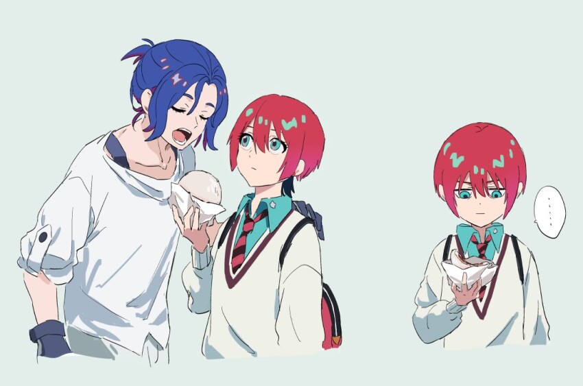 ... 1boy 1girl amate_yuzuriha aqua_eyes blue_hair closed_eyes closed_mouth collared_shirt colored_inner_hair commentary_request food frown gloves grey_background gundam gundam_gquuuuuux hair_between_eyes holding holding_food jitome long_sleeves looking_at_another multicolored_hair necktie o6nuqm open_mouth purple_hair red_eyes red_hair school_uniform sharing_food shirt short_hair shuji_ito simple_background speech_bubble spoken_ellipsis steamed_bun sweater two-tone_hair upper_body white_shirt