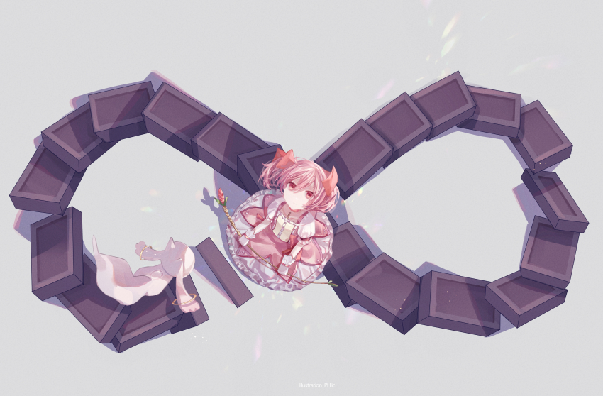 1girl absurdres alien bubble_skirt from_above hair_ribbon highres infinity_symbol kaname_madoka kaname_madoka_(magical_girl) kyubey magical_girl mahou_shoujo_madoka_magica mahou_shoujo_madoka_magica_(anime) phlic pink_eyes pink_hair red_ribbon ribbon short_hair short_twintails skirt twintails