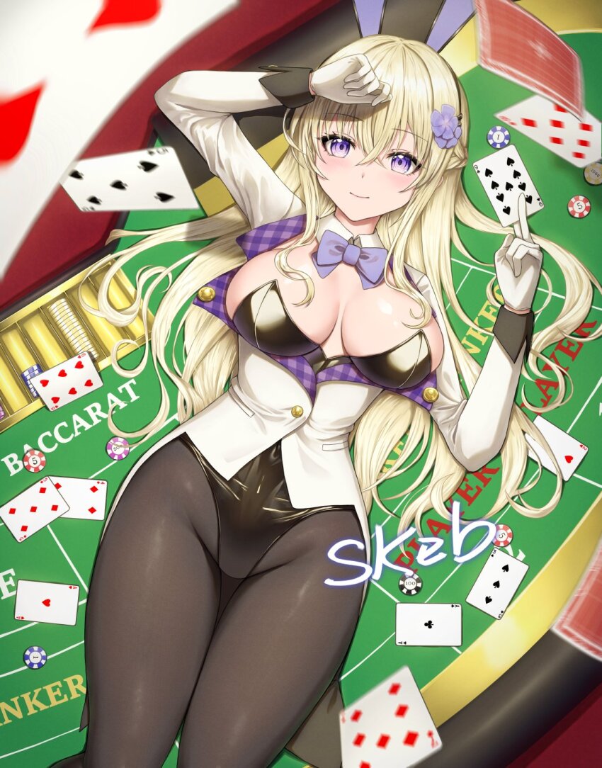1girl animal_ears blonde_hair blush breasts buran_(22x) card_(medium) character_request coat fake_animal_ears gloves gold gold_leotard highres large_breasts leotard long_hair pantyhose playboy_bunny poker poker_chip poker_table purple_eyes smile table