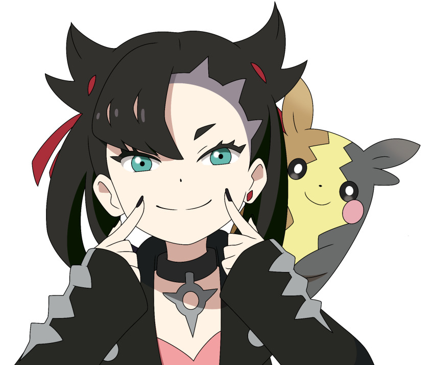 1girl asymmetrical_bangs black_collar black_hair black_jacket black_nails closed_mouth collar commentary dress earrings eyelashes fingersmile gen_8_pokemon green_eyes hair_ribbon hands_up happy highres jacket jewelry long_sleeves looking_at_viewer marnie_(pokemon) medium_hair morpeko morpeko_(full) nail_polish nintendo on_shoulder open_clothes open_jacket pink_dress pokemon pokemon_(creature) pokemon_on_shoulder pokemon_swsh quelcom red_ribbon ribbon sleeves_past_wrists smile split_mouth transparent_background
