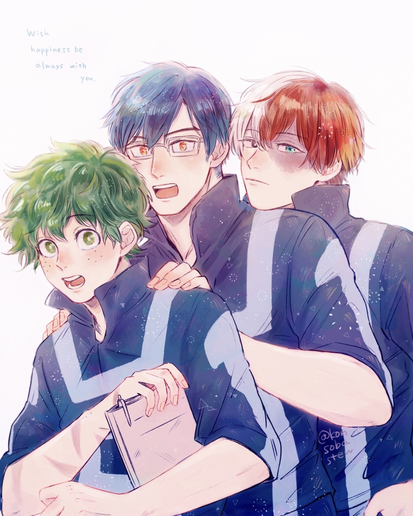 3boys absurdres blue_hair boku_no_hero_academia english_text fingernails freckles green_eyes green_hair grey_hair hands_on_another&#039;s_shoulders heterochromia highres iida_tenya konsobastew looking_at_viewer male_focus midoriya_izuku multicolored_hair multiple_boys open_mouth red_hair scar scar_on_face short_hair simple_background split-color_hair teeth todoroki_shoto twitter_username white_background white_hair