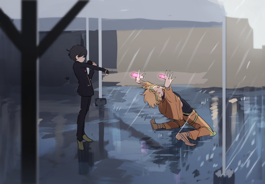 2boys awning black_hair blonde_hair bowl_cut dio_brando father_and_son giorno_giovanna glowstick haruno_shiobana headband highres jojo_no_kimyou_na_bouken kneeling male_focus multiple_boys namihaya pointy_footwear rain sketch stardust_crusaders vento_aureo wryyyyyyyyyyyyyyyyyyyy