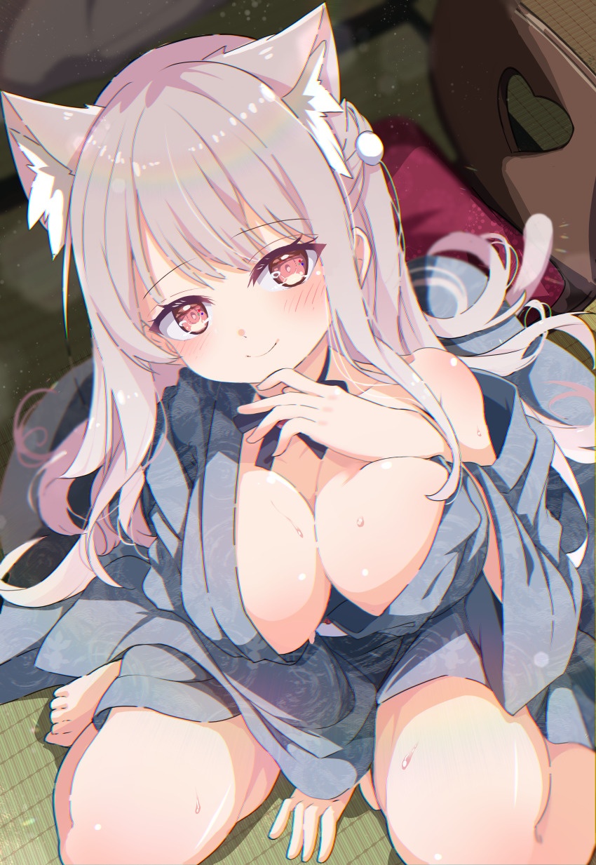 1girl absurdres animal_ear_fluff animal_ears barefoot bath_yukata between_legs blue_kimono blurry blurry_background blush breasts cat_ears cat_girl cat_tail chromatic_aberration cleavage closed_mouth collarbone commission depth_of_field finger_to_own_chin from_above grey_hair grey_kimono hair_ornament hand_between_legs hand_on_own_chest hand_up head_tilt heart highres indoors japanese_clothes kimono large_breasts long_hair long_sleeves looking_at_viewer neck_ribbon off_shoulder open_clothes open_kimono original pom_pom_(clothes) pom_pom_hair_ornament red_eyes ribbon shiny_skin shiro9jira sidelocks single_bare_shoulder sitting skeb_commission smile solo sweat tail tatami thighs very_long_hair wariza wide_sleeves yukata
