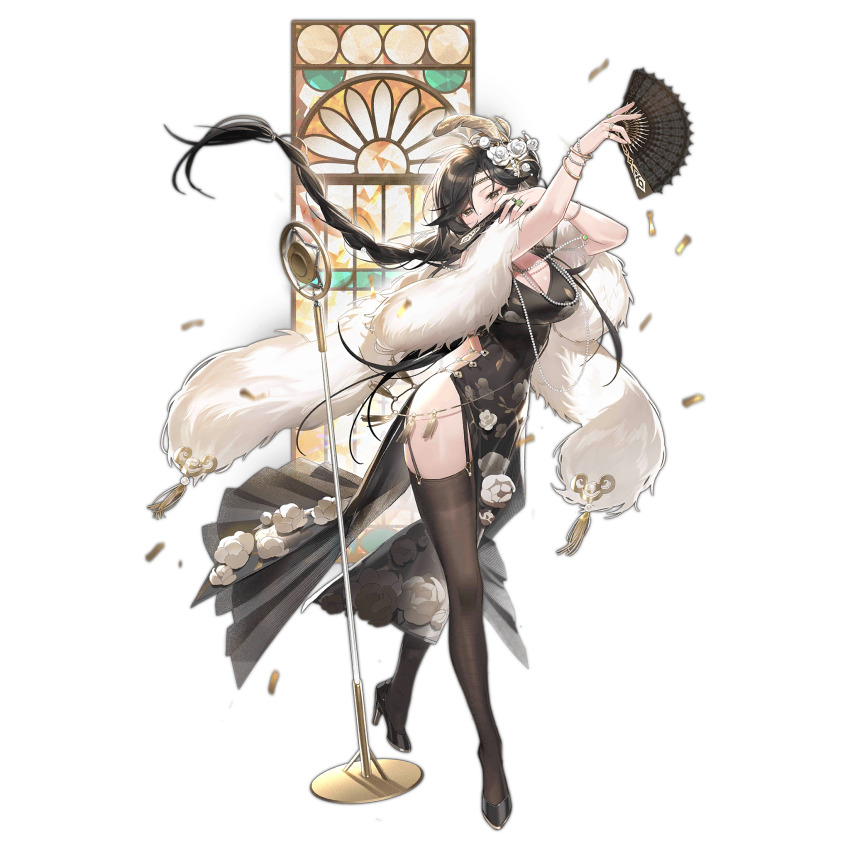 1girl bahao_diqiu black_dress black_hair black_shoes black_thighhighs bracelet braid breasts brown_eyes carbon_microphone china_dress chinese_clothes cleavage confetti dress feather_hair_ornament feathers floral_print floral_print_dress flower folding_fan full_body fur_shawl garter_straps general_liu_(beauty_in_the_east)_(girls&#039;_frontline) general_liu_(girls&#039;_frontline) girls&#039;_frontline hair_flower hair_ornament hand_fan high_heels highres holding holding_fan jewelry large_breasts long_hair microphone_stand mole mole_under_eye multiple_rings necklace official_alternate_costume official_art pearl_bracelet pearl_necklace print_dress ring rose shawl shoes simple_background single_braid solo stained_glass standing thighhighs third-party_source transparent_background very_long_hair waist_tassel white_flower white_rose window