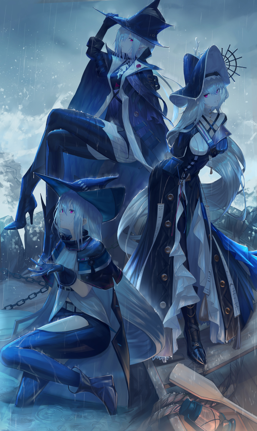 3girls absurdres arknights boat boots dress foaming_waves gladiia_(arknights) gloves grey_sky high_heel_boots high_heels highres lamp long_hair looking_at_viewer looking_up multiple_girls oar pointy_ears rain red_eyes shigma sitting skadi_(arknights) sky specter_(arknights) specter_the_unchained_(arknights) standing storm very_long_hair watercraft