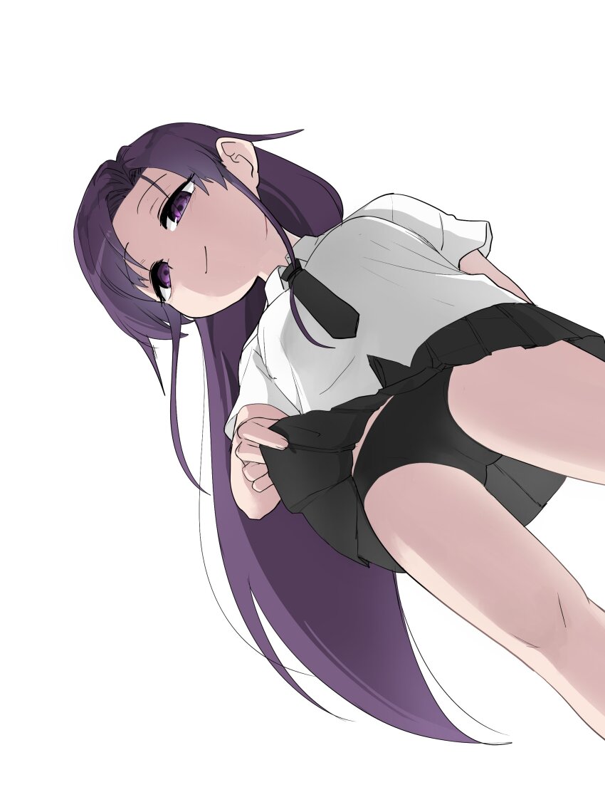 1girl absurdres black_buruma buruma from_below fusuma_(suwaru_boom) goshiki_agiri highres kill_me_baby long_hair looking_at_viewer necktie purple_eyes purple_hair school_uniform shirt short_sleeves simple_background skirt smile solo white_background