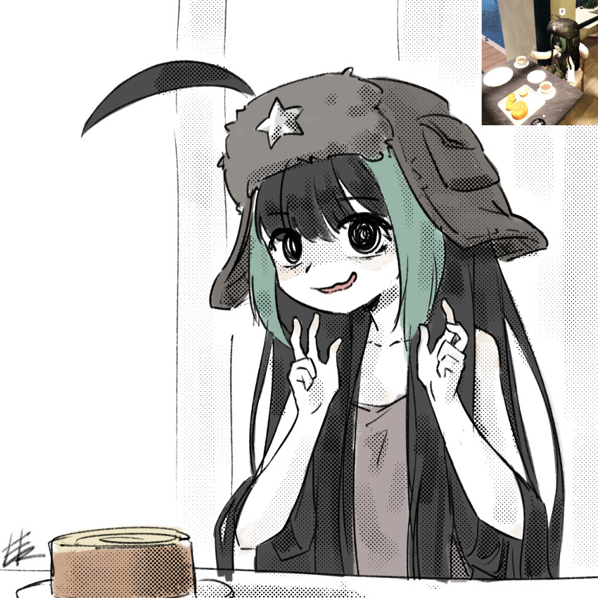 1girl ahoge black_hair cake double_w elfinpsyop elzielai food green_hair grey_hat grey_shirt hat highres huge_ahoge indie_virtual_youtuber multicolored_hair photo-referenced photo_inset shirt solo table two-tone_hair ushanka w
