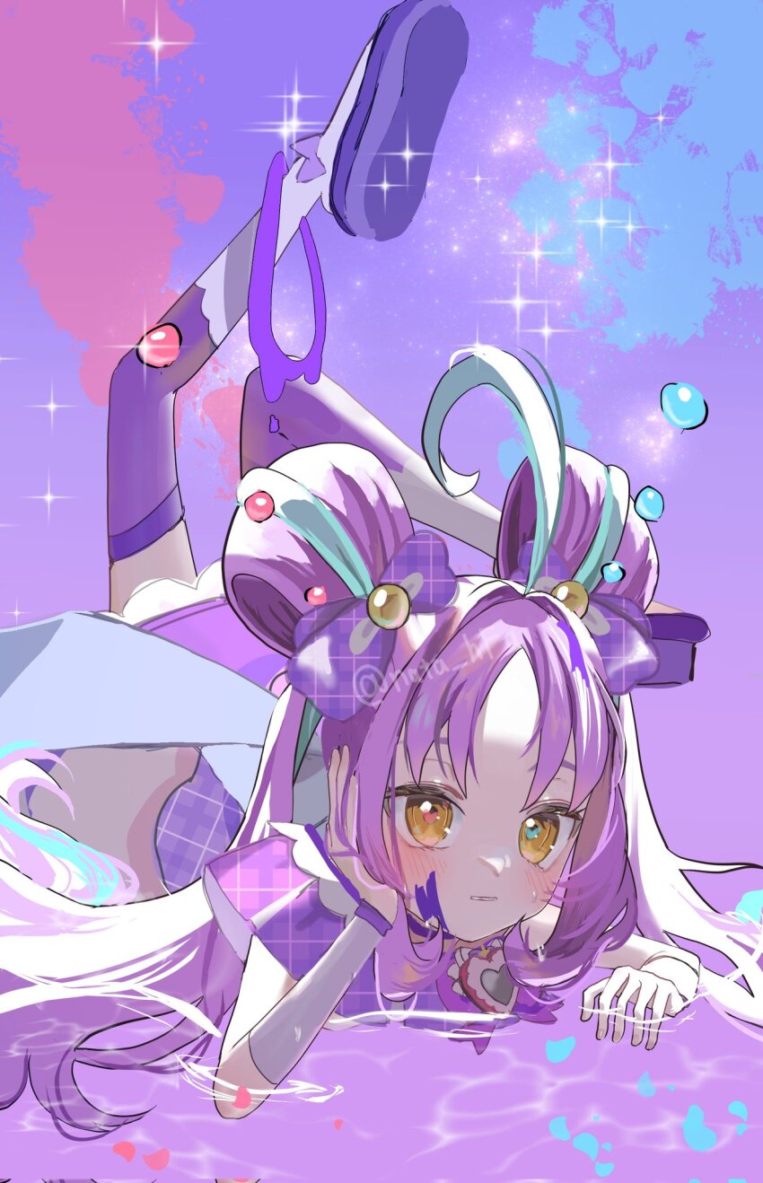 1girl ahoge aqua_hair asymmetrical_dress boots bow bowtie bracelet bridal_gauntlets brooch bubble clip_studio_paint_(medium) closed_mouth cure_kyunkyun double_bun dress expressionless footwear_bow frilled_dress frills full_body hair_bobbles hair_bow hair_bun hair_ornament hair_spread_out heart heart_brooch highres jewelry kimi_to_idol_precure knee_boots legs_up light_blush long_hair lying lying_on_water multicolored_hair natadekoko_(nata_hfa) off-shoulder_dress off_shoulder on_stomach paint_splatter paint_splatter_on_face parted_bangs plaid_bow plaid_clothes plaid_dress platform_boots pleated_sleeves precure purple_background purple_boots purple_bow purple_bowtie purple_dress purple_hair purple_thighhighs shigure_kokoro short_dress short_sleeves single_off_shoulder solo sparkle streaked_hair sweatdrop thighhighs twintails two-tone_hair very_long_hair water white_bridal_gauntlets yellow_eyes