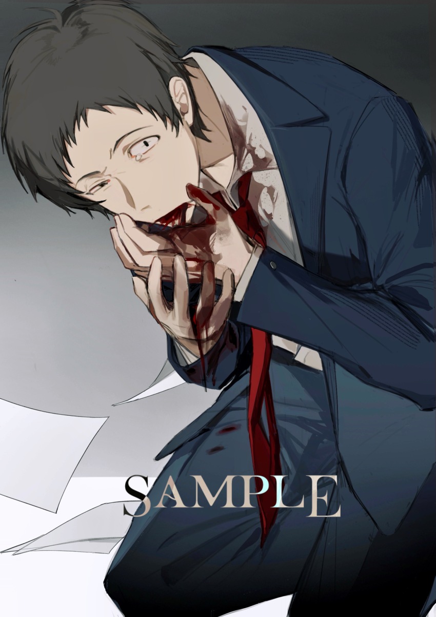1boy absurdres adachi_tooru baobing black_eyes black_hair blood blood_from_mouth blood_on_clothes blood_on_hands blue_jacket blue_pants chinese_commentary collared_shirt commentary_request highres jacket kneeling long_sleeves male_focus necktie open_mouth pants papers persona persona_4 red_necktie sample_watermark shirt short_hair solo uneven_eyes watermark white_shirt