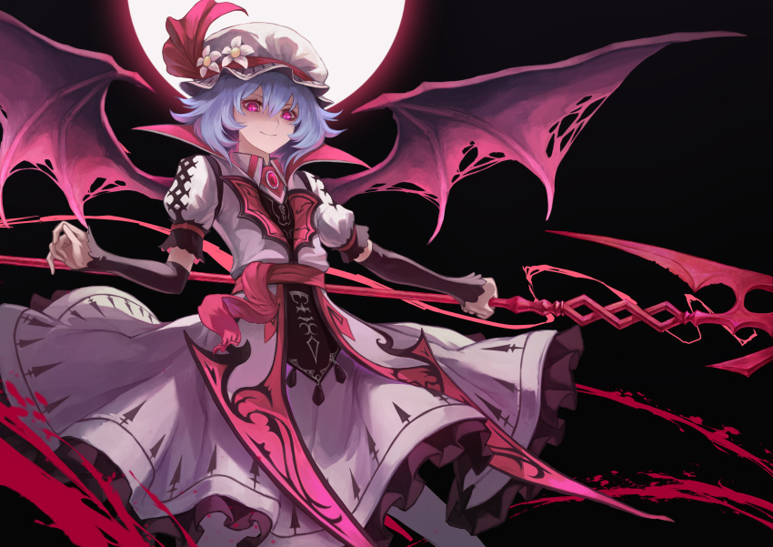 1girl absurdres backlighting bat_wings black_background blue_hair closed_mouth cowboy_shot dark_background flower frilled_skirt frills glowing glowing_eyes hair_between_eyes hat hat_flower hat_ribbon highres jun_wei koumajou_densetsu light_smile making-of medium_hair mob_cap pink_eyes pink_shirt pink_skirt puffy_short_sleeves puffy_sleeves red_ribbon remilia_scarlet ribbon shirt short_sleeves skirt skirt_hold solo spear_the_gungnir tassel touhou koumajou_densetsu wings
