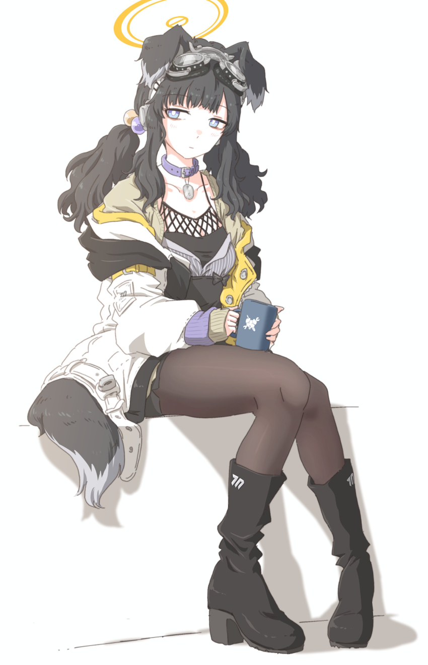 1girl :| absurdres animal_ears belt_collar black_boots black_camisole black_hair black_jacket black_pantyhose black_skirt blue_archive blue_eyes blunt_bangs boots breasts camisole cleavage closed_mouth collar collarbone commentary cup dog_ears dog_girl dog_tags dog_tail floppy_ears full_body goggles goggles_on_head grey_jacket hair_bobbles hair_ornament halo hariyaa hibiki_(blue_archive) high_heel_boots high_heels highres holding holding_cup jacket long_hair long_sidelocks looking_at_viewer low_twintails medium_breasts mug open_clothes open_jacket pantyhose purple_collar shadow sidelocks simple_background sitting skirt solo tail twintails white_background white_jacket yellow_halo yellow_jacket