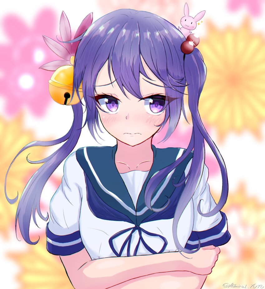 1girl absurdres akebono_(kancolle) alternate_hairstyle animal animal_on_head bell blue_sailor_collar blurry blurry_background crossed_arms embarrassed floral_background flower hair_bell hair_flower hair_ornament highres jingle_bell kantai_collection long_hair on_head purple_eyes purple_hair rabbit rabbit_on_head sailor_collar sailor_shirt school_uniform serafuku shirt solo twintails_day upper_body white_shirt yoko_hata