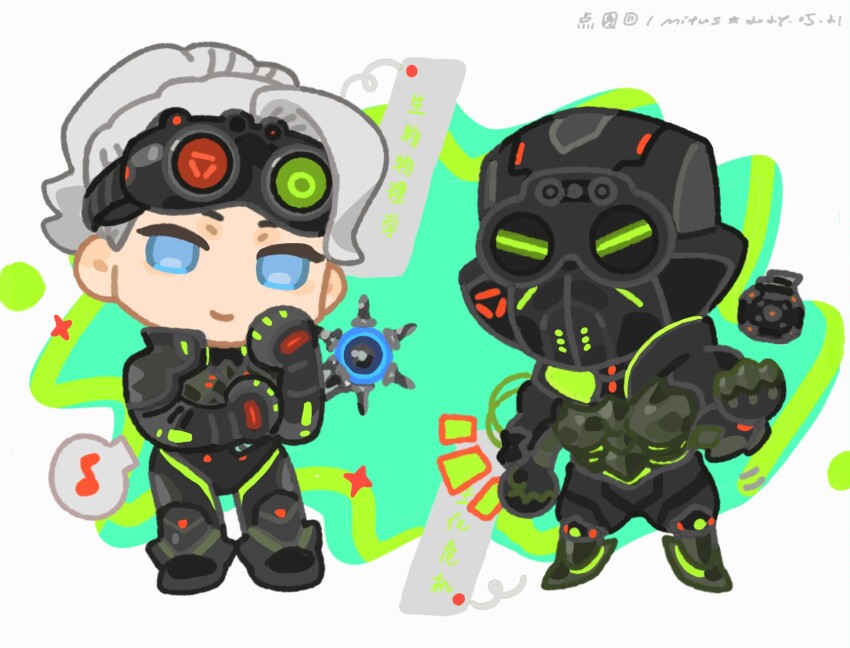 animification apex_legends biohazard_octane biophysic_horizon black_gloves black_helmet black_jacket black_shorts blue_eyes bodysuit boots chibi explosive gloves goggles goggles_on_head gravity_maw grenade grey_bodysuit grey_footwear grey_hair hair_behind_ear head_tilt helmet highres holding holding_weapon horizon_(apex_legends) jacket looking_at_viewer mace mechanical_legs mitus musical_note octane_(apex_legends) official_alternate_costume ponytail shorts smile spiked_mace spikes weapon