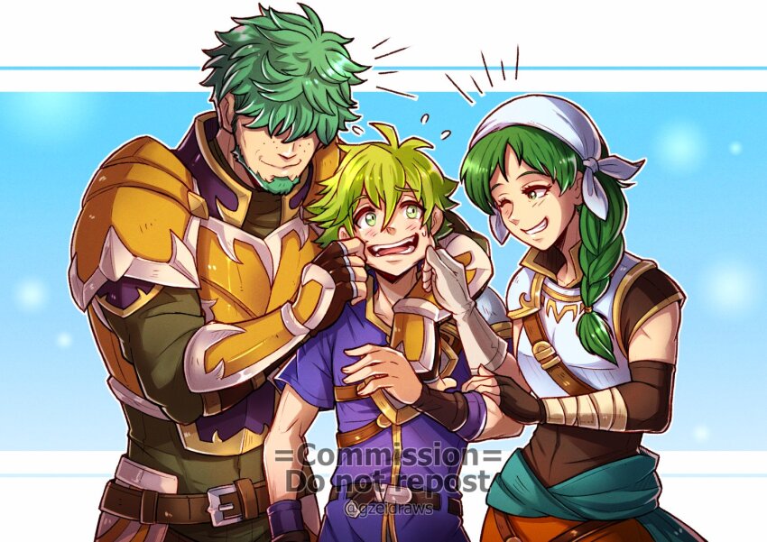 1girl 2boys armor artist_name bandaged_arm bandages bandana blue_background blush border braid cheek_pinching closed_mouth commentary commission english_commentary eyelashes fire_emblem fire_emblem:_the_binding_blade fire_emblem:_the_blazing_blade freckles green_eyes green_hair gzei hair_between_eyes long_hair lowen_(fire_emblem) multiple_boys nintendo notice_lines one_eye_closed outside_border pinching rebecca_(fire_emblem) short_hair single_braid smile teeth twitter_username watermark white_bandana white_border wolt_(fire_emblem)