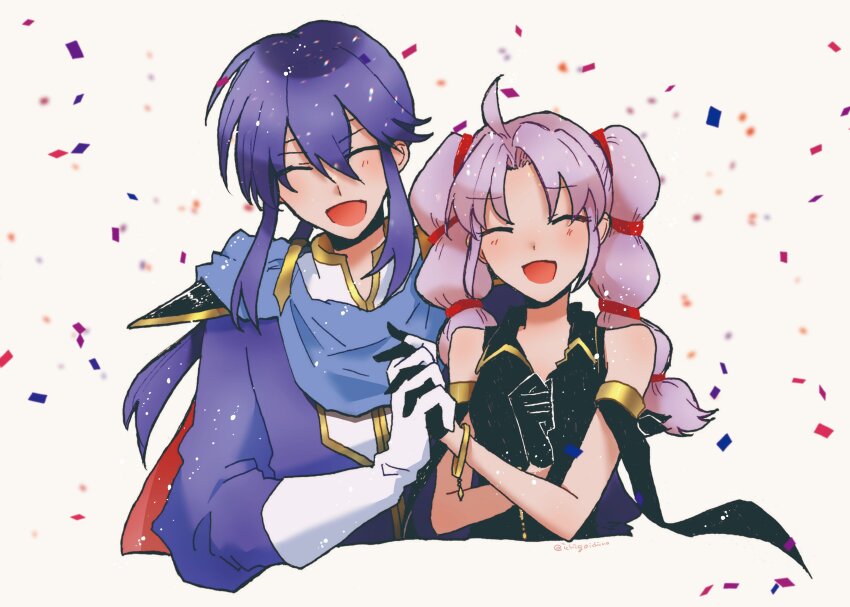 1boy 1girl absurdres armor black_dress black_gloves blue_hair closed_eyes commentary_request confetti cropped_torso dress fire_emblem fire_emblem:_genealogy_of_the_holy_war gloves hair_between_eyes highres holding_hands ichigoichino long_hair nintendo open_mouth parted_bangs pauldrons ponytail purple_hair seliph_(fire_emblem) shoulder_armor simple_background sleeveless sleeveless_dress smile tine_(fire_emblem) twintails twitter_username white_background white_gloves