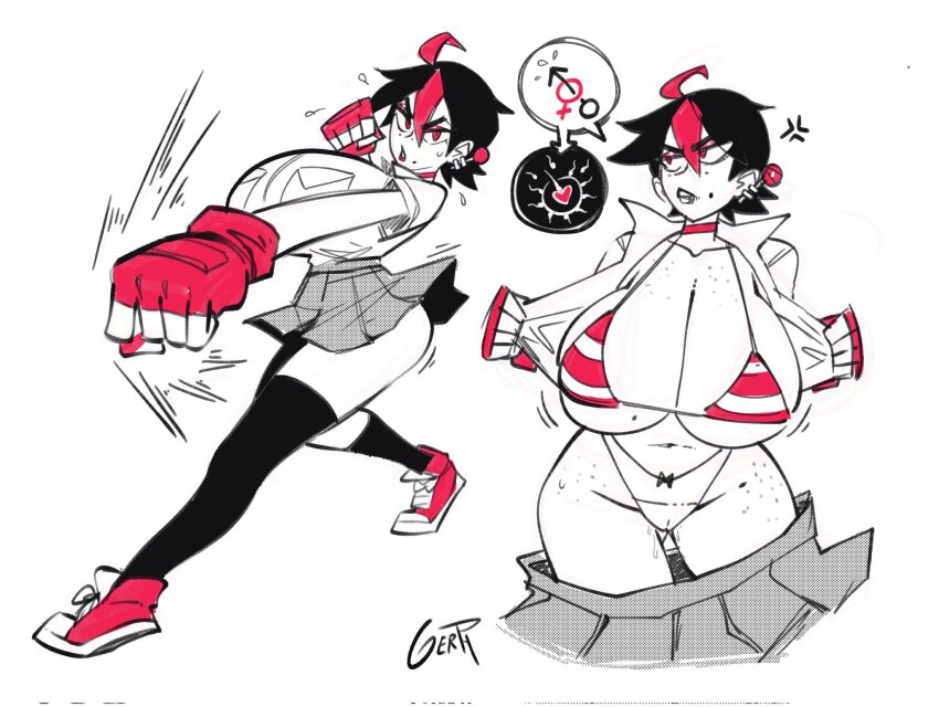 anger_vein angry body_freckles bra breasts fighting_stance freckles gerph gloves gluco_charin_(gerph) hair_ornament highres huge_breasts mole original panties punching requesting_impregnation school_uniform skarpworld thick_thighs thighhighs thighs tomboy underwear