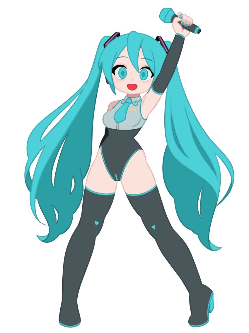 1girl :d alternate_costume aqua_eyes aqua_hair aqua_necktie arm_behind_back arm_up black_arm_warmers black_leotard black_thighhighs breasts deformed full_body grey_shirt hatsune_miku highres holding holding_microphone leotard long_hair looking_at_viewer medium_breasts microphone monster_l_(hochihochiha) necktie open_mouth shirt simple_background sleeveless sleeveless_shirt smile solo thighhighs twintails very_long_hair vocaloid white_background