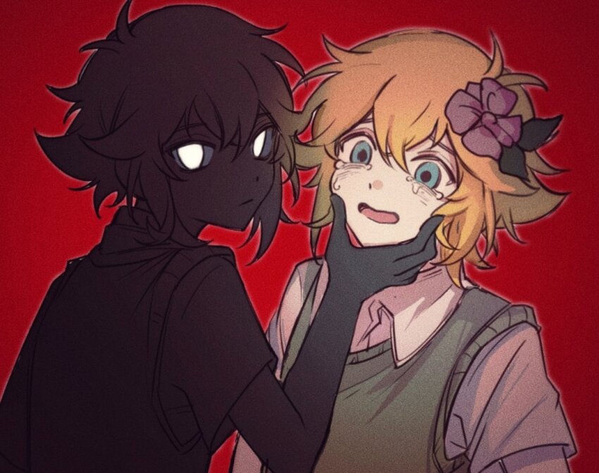 2boys basil_(faraway)_(omori) basil_(omori) black_hair black_skin blonde_hair blue_eyes collared_shirt colored_skin crying crying_with_eyes_open flower green_sweater_vest hair_flower hair_ornament multiple_boys niu_tata omori open_mouth red_background shirt short_hair short_sleeves simple_background stranger_(omori) sweater_vest tears white_eyes white_shirt