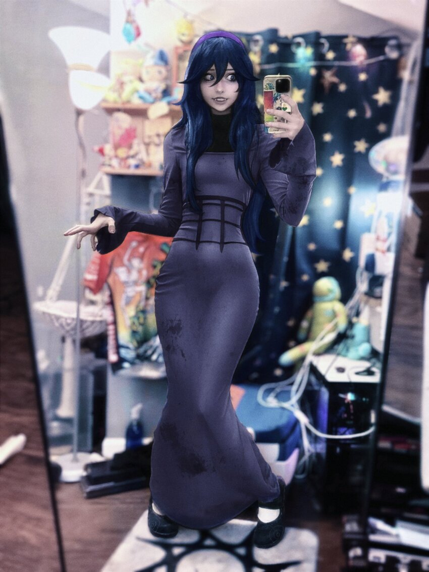 1girl black_shoes blurry blurry_background booplesnoot cosplay_photo dress hex_maniac_(pokemon) highres holding holding_phone mirror_selfie phone photo_(medium) purple_dress real_life selfie shoes